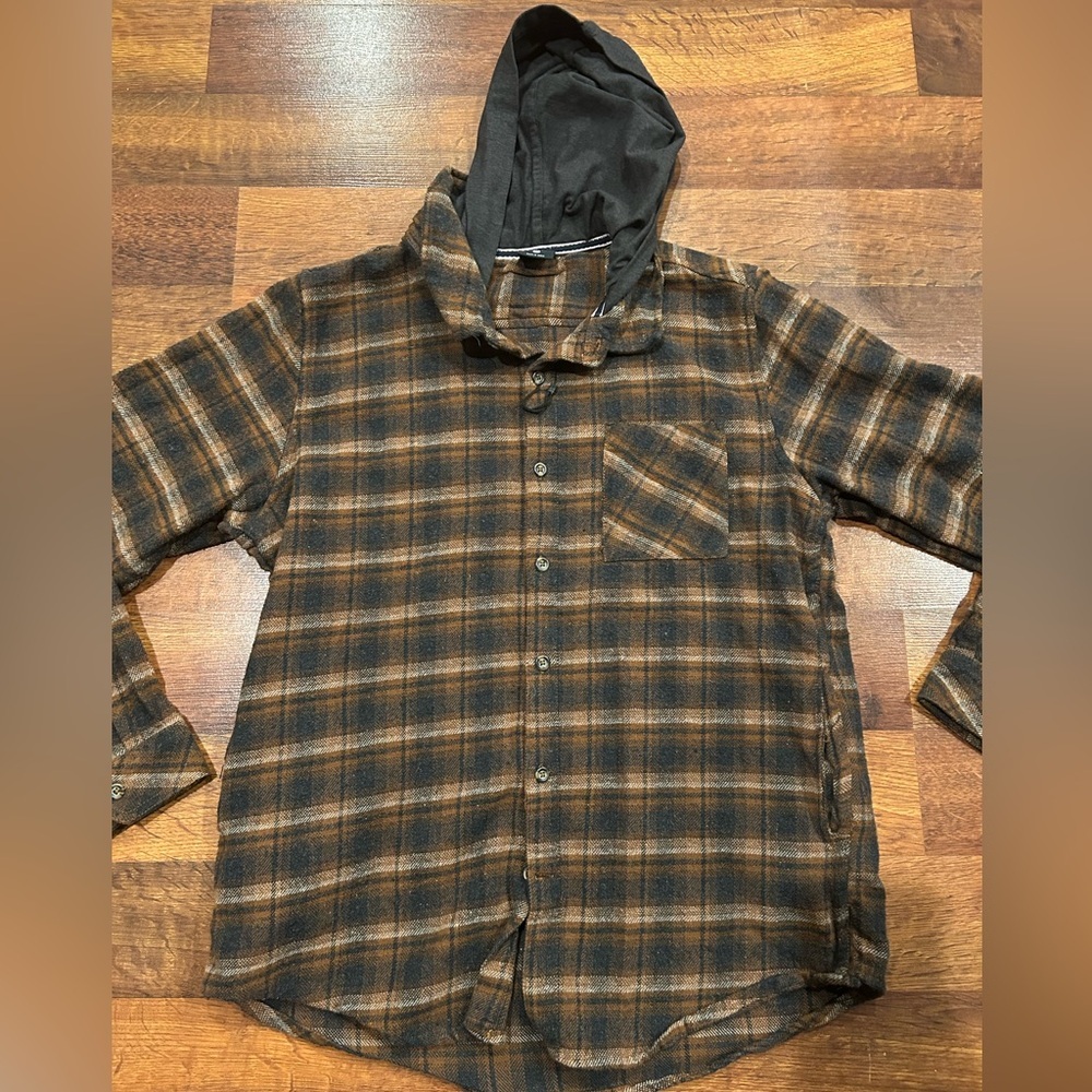 Sunrise Kingdom Shacket Mens Outdoor Flannel Hood Medium Brown Black